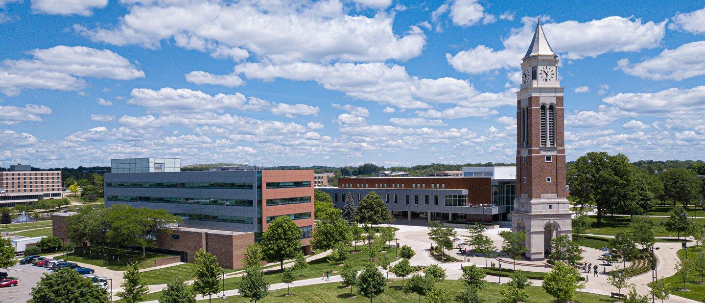 aerial photo of Oakland University featuring Elliott clock tower